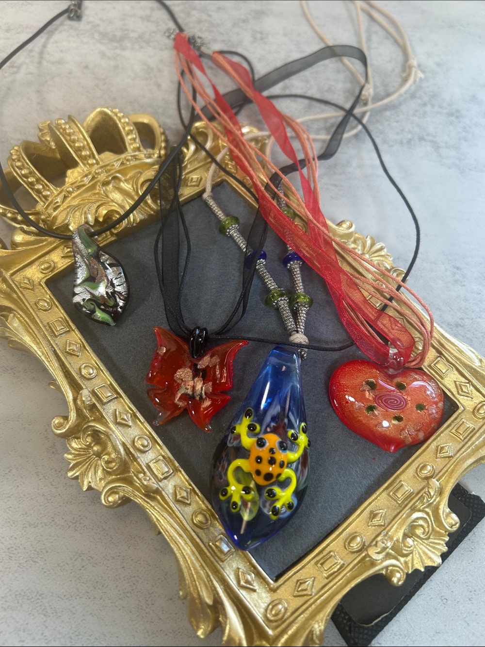 Bundle of 4 Handcrafted Red and Blue Glass Pendant Necklaces